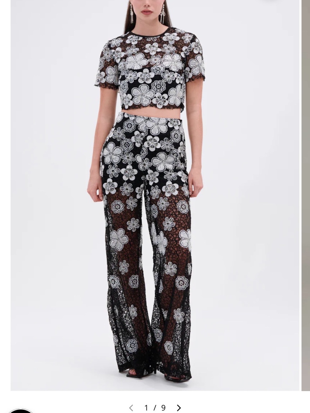 Akira floral sequin black and white lace mesh pants